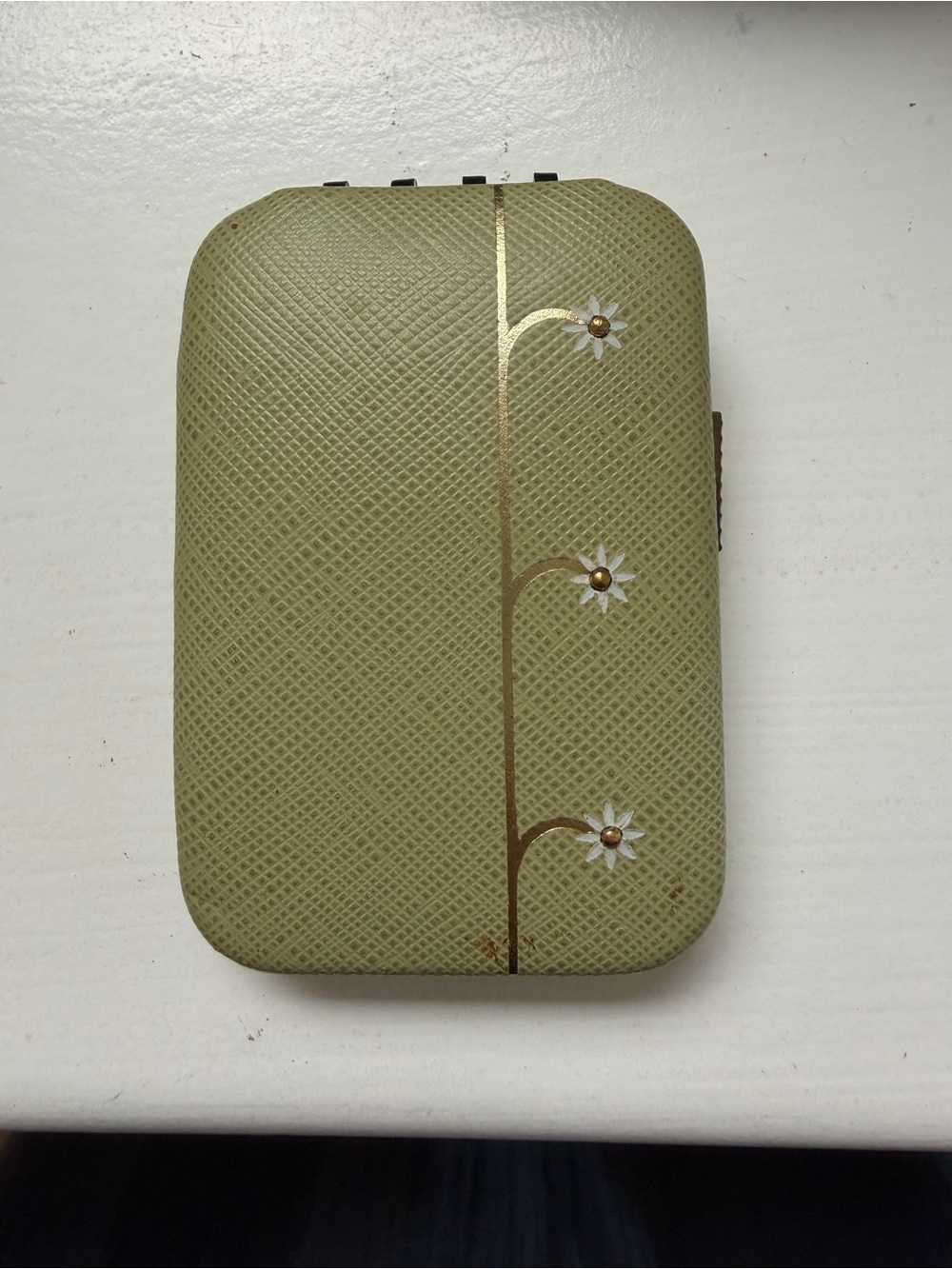 Unused- Buxton Sage Green Key-Tainer Case with Gold Hardware & Daisy motif.